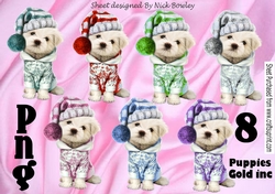 8 Lovely White puppies in knitted coloured hats in png