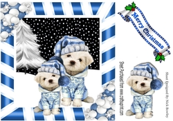 puppies in blue knitted hats with christmas tree striped frame 8x8