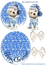 Lovely puppy in blue snow rocker with bows