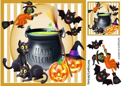 Cauldron with witch, cats, bats & pumpkins 8x8