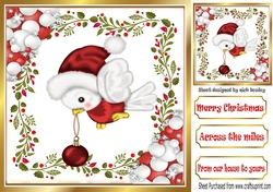 Cute robin in red in holly frame with baubles 8x8