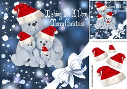 Cuddly teddies in santa hats with corner bow 8x8