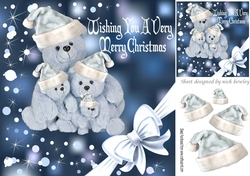 Cuddly teddies in silver santa hats with corner bow 8x8