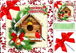 Cardinals in a bird house in the snow with holly 8x8