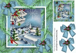 Pretty village with church in the snow with blue bows 8x8