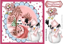 Lovely pink snow scene with little pink bird & snowman 8x8