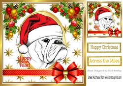 Bulldog in a santa hat with bow and festive corners 8x8