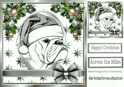 Bulldog in a santa hat with silver bow and festive corners 8x8