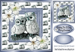Lovely snow owls on a branch with white flowers 8x8