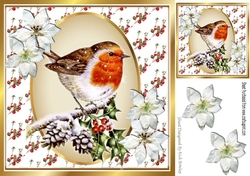 Lovely Robin on a branch of holly with snow 8x8