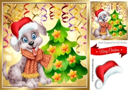 Cute Puppy in santa hat with streamers and christmas tree 8x8