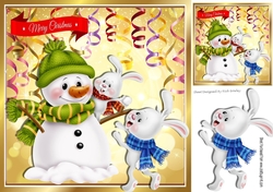 Lovely snowman with bunnies wrapped in warm scarves 8x8