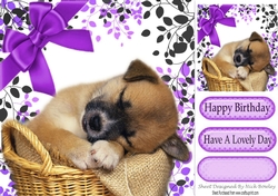 Adorable little puppy sleeping in leaf frame with purple bow 8x8