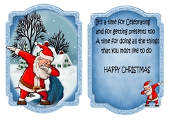 Santa Doing the Dab dance outside a cottage in the snow card front