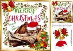 Cat in santa hat with issues with bell and holly 8x8