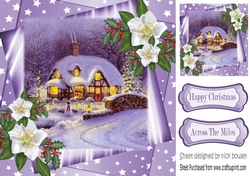 Pretty cottage in the snow with light and white flowers 8x8
