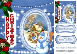 Snowman with cottage in the snow with bells 8x8