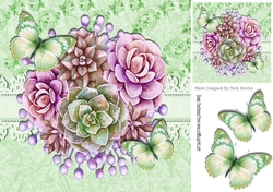 Pretty Painted Flowers with green butterflies & lace 8x8