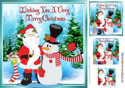 Santa Hugging Mr Snowman in the snow 8x8