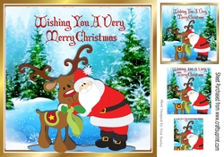 Santa Hugging Rudey the Reindeer in the snow 8x8