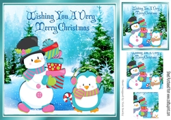 Snowman with presents and little bird in the snow 8x8