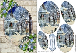 Vintage Memories of the past in pretty snow scene oval pyramids