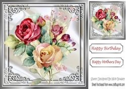Such Beauty painted flowers on white satin in ornate frame 8x8