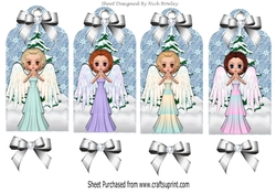 Four pretty Christmas tags with Angels and bows (blue)