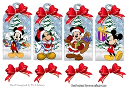 Four lovely christmas tags with Mr Mouse in the snow with bows