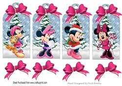 Four lovely christmas tags with Miss Mouse in the snow with pink bows