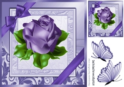 A single pretty purple rose with corner bow in ornate frame 8x8