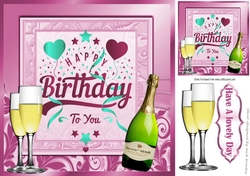 Lovely Birthday celebration  card front with wine (pink) 8x8