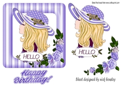 Girl in hat in purple striped frame with roses
