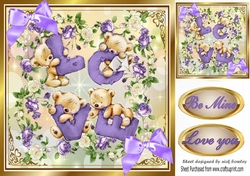 LOVE teddy bears, in frame of purple roses 8x8