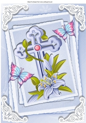 Pretty blue cross with lilies and butterflies stacked topper/card front A4