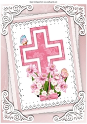 Pretty pink cross with daffs on lace stacked topper/card front A4