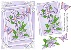 Pretty lilac cross with lilies and butterflies stacked topper/card front A5