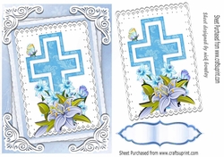pretty blue cross with daffs and lilac lillies on lace A5