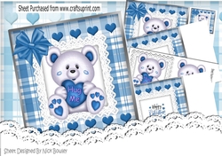 Cute white Hug Me Bear with blue  heart on lace with bow 8x8 mini kit