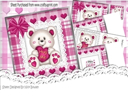 Cute white Hug Me Bear with pink  heart on lace with bow 8x8 mini kit