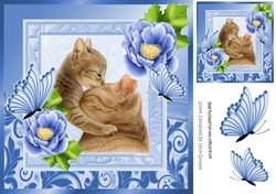 Cute painted mum and kitten with pretty blue flowers 8x8