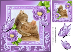Cute painted mum and kitten with pretty lilac flowers 8x8