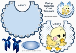 Cute stitched duck on a flip top bib with pearls and blue bows