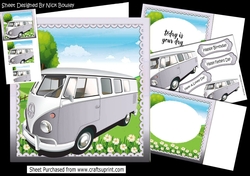 In the sunny meadow, silver camper van 8x8 mini kit