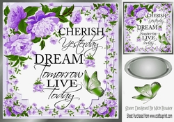Cherish the day! with sentiment, butterflies and purple flowers card front 8x8