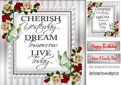 Cherish the day! butterflies and red/cream roses & pearls card front 8x8