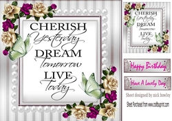 Cherish the day! butterflies and cerise/cream roses & pearls card front 8x8