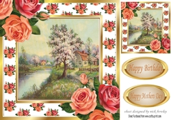Pretty woodland with cottage and stream with pink/peach roses 8x8