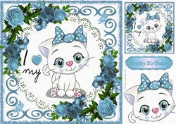 I Love my Kitty with pretty blue roses 8x8