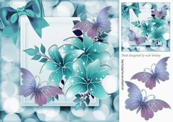 Beautiful turq sparkle flowers with butterflies and bow 8x8
